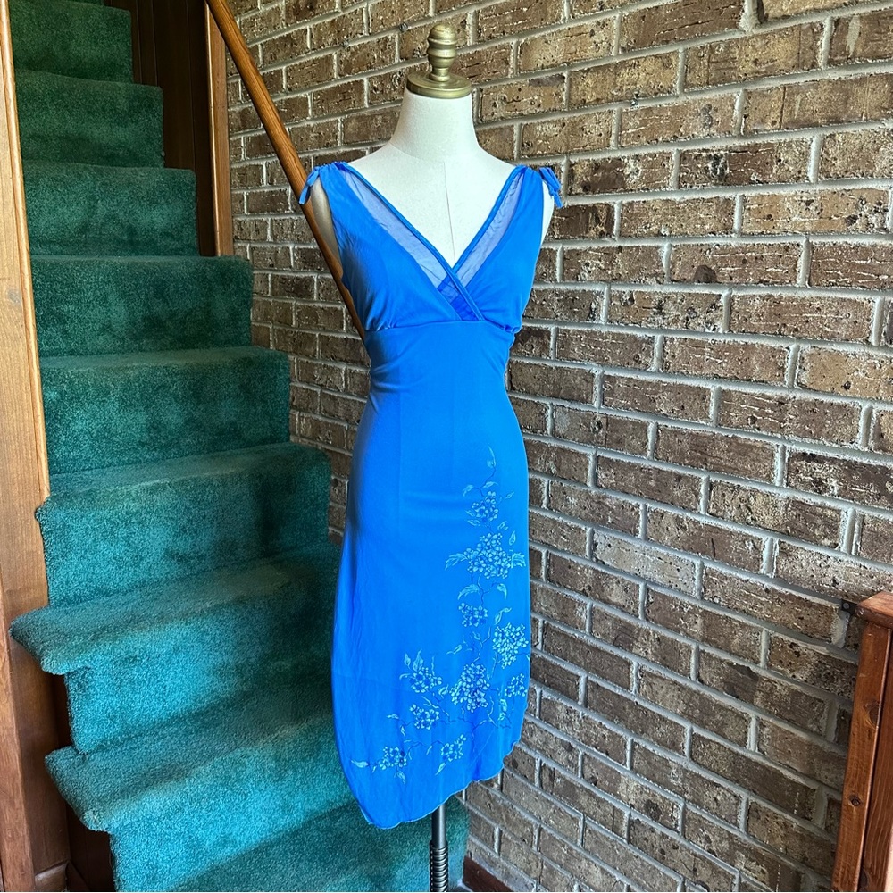 VTG Y2K 2000s Light Blue Glitter Sparkly Floral Fairy Dress